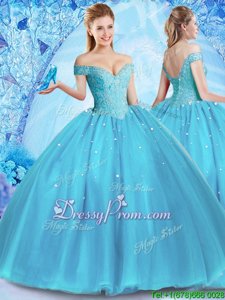 High Class Baby Blue Sleeveless Floor Length Beading Lace Up Sweet 16 Dresses