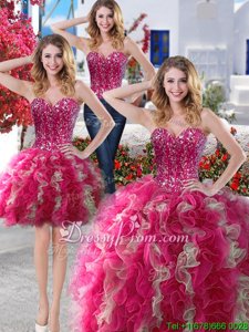 Customized Hot Pink and Champagne Sleeveless Organza Lace Up Quinceanera Dress forMilitary Ball and Sweet 16 and Quinceanera