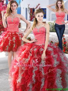 Gorgeous White and Red Lace Up Sweetheart Beading Quinceanera Gown Organza Sleeveless
