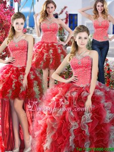 Affordable Sleeveless Floor Length Beading Lace Up Quinceanera Gown with Red and Grey