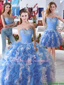 Customized Floor Length Lace Up Sweet 16 Dresses White and Blue and Blue And White and In forMilitary Ball and Sweet 16 and Quinceanera withBeading
