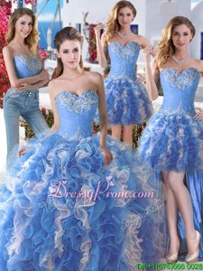 Customized Sleeveless Organza Floor Length Lace Up Quinceanera Dress inWhite and Blue and Blue And White forSpring and Summer and Fall and Winter withBeading