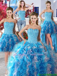 Sophisticated White and Baby Blue Organza Lace Up Sweetheart Sleeveless Floor Length 15 Quinceanera Dress Beading