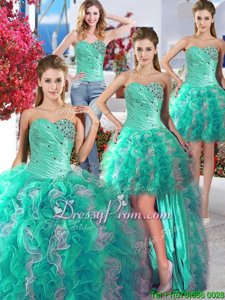 Customized Floor Length Lace Up Quinceanera Dresses White and Turquoise and In forMilitary Ball and Sweet 16 and Quinceanera withBeading