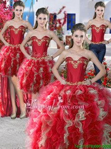 Perfect Red and Champagne Ball Gowns Beading Sweet 16 Dresses Lace Up Organza Sleeveless Floor Length
