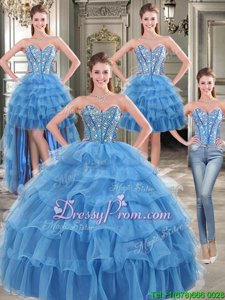 Hot Selling Floor Length Lace Up Quinceanera Dresses Blue and In forMilitary Ball and Sweet 16 and Quinceanera withBeading and Ruffled Layers