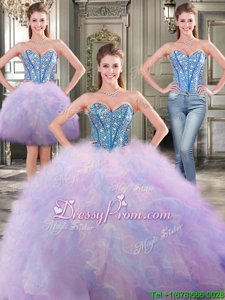 Cheap Multi-color Ball Gowns Beading and Ruffles Quinceanera Gown Lace Up Tulle Sleeveless Floor Length