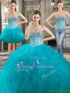 Best Selling Aqua Blue Sweetheart Neckline Beading and Ruffles Quinceanera Gown Sleeveless Lace Up