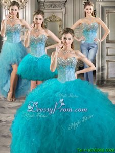 High End Aqua Blue Lace Up Sweetheart Beading and Ruffles 15 Quinceanera Dress Tulle Sleeveless