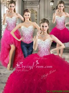 Low Price Floor Length Hot Pink Sweet 16 Quinceanera Dress Tulle Sleeveless Spring and Summer and Fall and Winter Beading and Ruffles