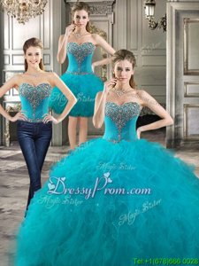 Adorable Sleeveless Floor Length Ruffles Lace Up Quince Ball Gowns with Teal