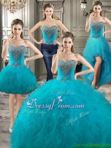 Popular Floor Length Teal Quinceanera Dresses Sweetheart Sleeveless Lace Up
