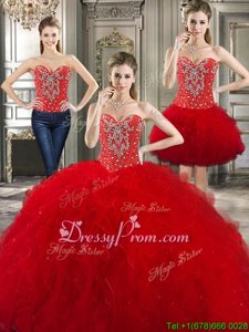 Free and Easy Red Sleeveless Floor Length Beading and Ruffles Lace Up 15th Birthday Dress