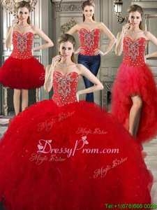 Cheap Tulle Sweetheart Sleeveless Lace Up Beading and Ruffles Sweet 16 Dress inRed