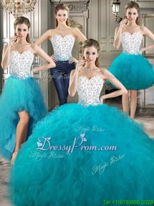 Attractive Sleeveless Tulle Floor Length Lace Up Ball Gown Prom Dress inWhite and Teal forSpring and Summer and Winter withBeading and Ruffles