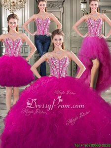 Free and Easy Sweetheart Sleeveless Lace Up 15 Quinceanera Dress Fuchsia Tulle