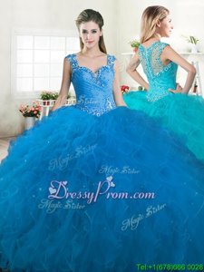 Excellent Tulle Straps Sleeveless Zipper Beading and Ruffles Quinceanera Dresses inBlue