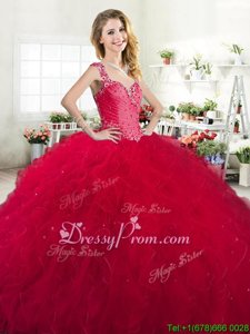 Chic Red Ball Gowns Tulle Straps Sleeveless Beading and Ruffles Floor Length Zipper Ball Gown Prom Dress