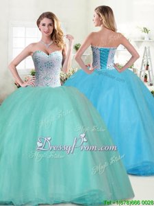 Beauteous Apple Green Ball Gowns Tulle Sweetheart Sleeveless Beading Floor Length Lace Up 15 Quinceanera Dress