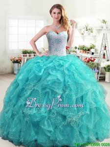 Designer Aqua Blue Organza Lace Up Sweetheart Sleeveless Floor Length Sweet 16 Dress Beading and Ruffles
