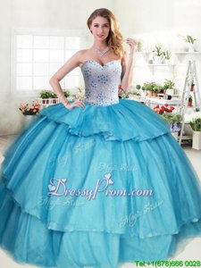 Aqua Blue Lace Up 15th Birthday Dress Beading and Ruffled Layers Sleeveless Floor Length