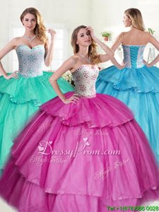 Spectacular Fuchsia Sleeveless Floor Length Beading and Ruffled Layers Lace Up Quinceanera Gown