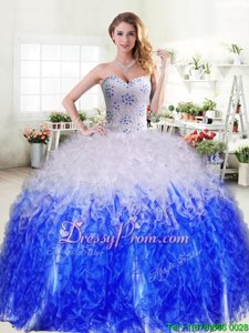 Ideal Floor Length Ball Gowns Sleeveless Blue And White Quinceanera Dress Lace Up