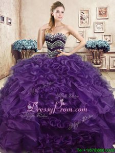 Nice Purple Sleeveless Beading and Ruffles Floor Length Vestidos de Quinceanera