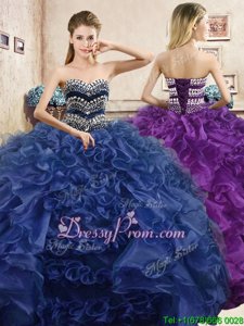 Pretty Sleeveless Organza Floor Length Lace Up Sweet 16 Dresses inNavy Blue forSpring and Summer and Fall and Winter withBeading and Ruffles