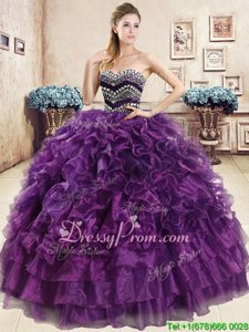 Noble Purple Ball Gowns Sweetheart Sleeveless Organza Floor Length Lace Up Beading and Ruffles 15 Quinceanera Dress