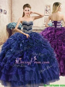 Cute Navy Blue Ball Gowns Beading and Ruffles 15th Birthday Dress Lace Up Organza Sleeveless Floor Length