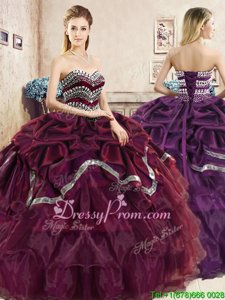 Burgundy and Purple Sweetheart Lace Up Beading and Ruffled Layers and Pick Ups Quince Ball Gowns Sleeveless