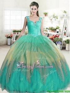 Low Price Floor Length Multi-color Quince Ball Gowns Tulle Sleeveless Spring and Summer and Fall and Winter Ruffled Layers