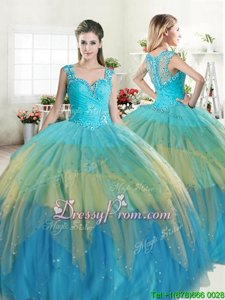 Exceptional Straps Sleeveless Tulle Sweet 16 Dresses Beading and Ruffled Layers Zipper