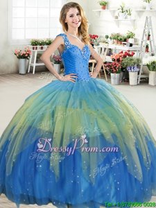 Multi-color Tulle Zipper Straps Sleeveless Floor Length 15th Birthday Dress Beading and Ruffled Layers
