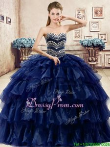 Fantastic Navy Blue Sleeveless Ruffled Layers Floor Length Quinceanera Gowns