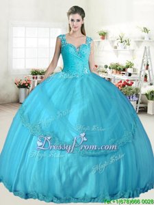 Suitable Aqua Blue Tulle Lace Up 15 Quinceanera Dress Sleeveless Floor Length Beading