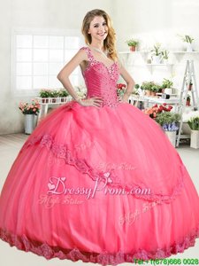Sleeveless Floor Length Beading and Appliques Lace Up Quinceanera Dress with Hot Pink