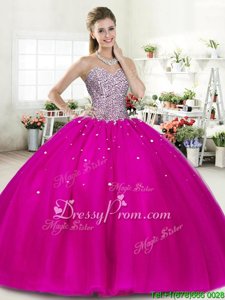Most Popular Fuchsia Lace Up Ball Gown Prom Dress Beading Sleeveless Floor Length