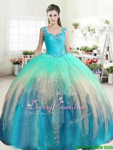 Glittering Multi-color Tulle Zipper Straps Sleeveless Floor Length Quinceanera Dresses Beading and Ruffled Layers