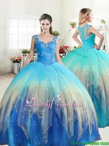 Designer Multi-color Zipper Straps Beading and Ruffles Sweet 16 Quinceanera Dress Tulle Sleeveless