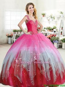 Custom Fit Sleeveless Floor Length Beading and Ruffled Layers Zipper Sweet 16 Dress with Multi-color