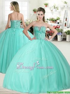 Deluxe Apple Green Sleeveless Tulle Lace Up Quinceanera Gown forMilitary Ball and Sweet 16 and Quinceanera