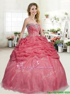 Modest Coral Red Sweet 16 Dress Military Ball and Sweet 16 and Quinceanera and For withBeading and Pick Ups Sweetheart Sleeveless Lace Up