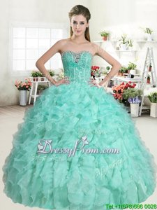 Fashionable Apple Green Organza Lace Up Sweetheart Sleeveless Floor Length Quinceanera Dresses Beading and Ruffles
