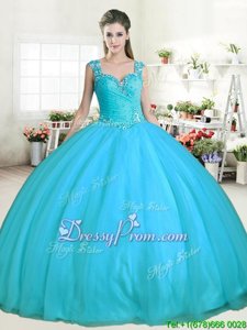Most Popular Floor Length Zipper Sweet 16 Quinceanera Dress Aqua Blue and In forMilitary Ball and Sweet 16 and Quinceanera withBeading