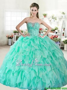 Unique Apple Green Ball Gowns Beading Quinceanera Dress Lace Up Organza Sleeveless Floor Length