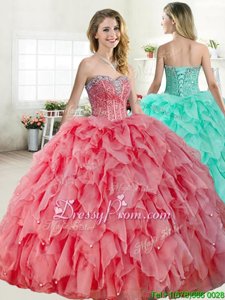 Modern Watermelon Red and Coral Red Ball Gowns Organza Sweetheart Sleeveless Beading Floor Length Lace Up Vestidos de Quinceanera