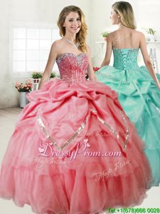 On Sale Watermelon Red Sleeveless Organza and Taffeta Lace Up Quinceanera Dress forMilitary Ball and Sweet 16 and Quinceanera