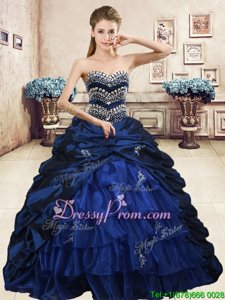 Romantic Sleeveless Organza and Taffeta Floor Length Lace Up 15th Birthday Dress inNavy Blue forSpring and Summer and Fall and Winter withBeading and Appliques and Ruffled Layers and Pick Ups